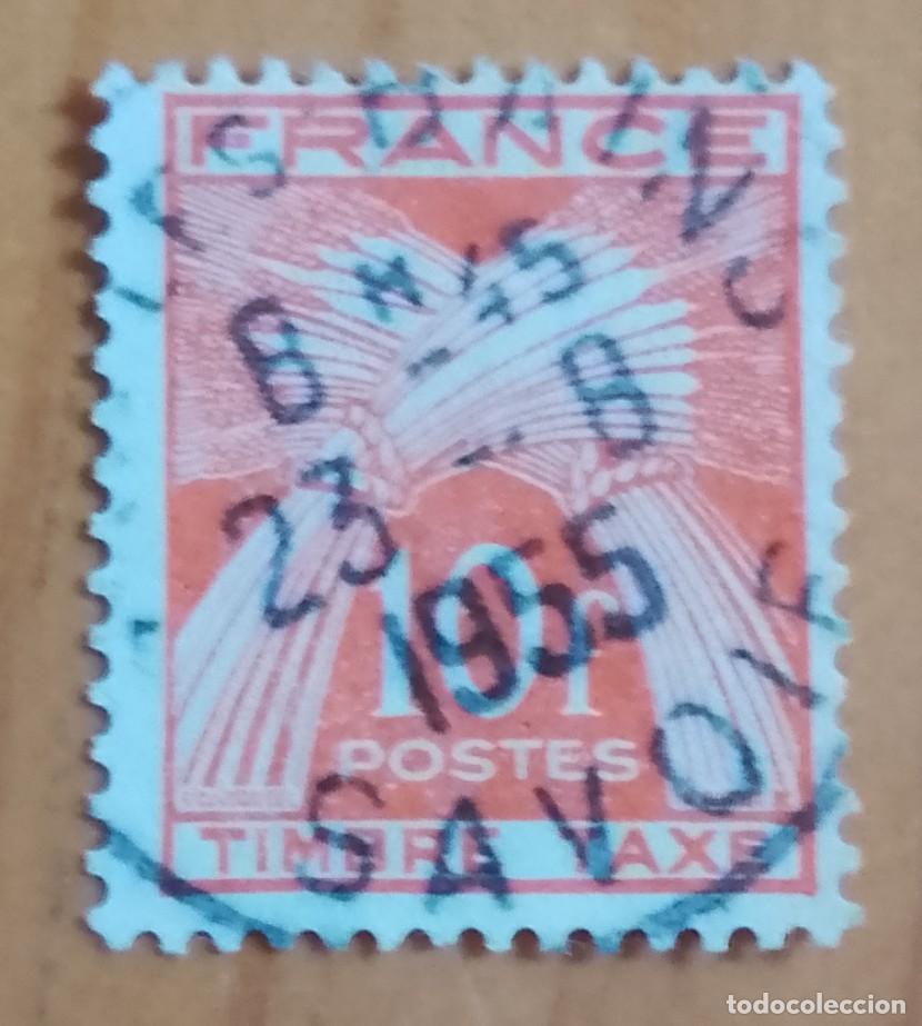 Sellos: FRANCIA, V/F 10 F - TIMBRE, TAXA A&Ntilde;O 1949, ESPIGAS DE TRIGO - MATASELLO IDENTIFICATIVO: 23.8.1955