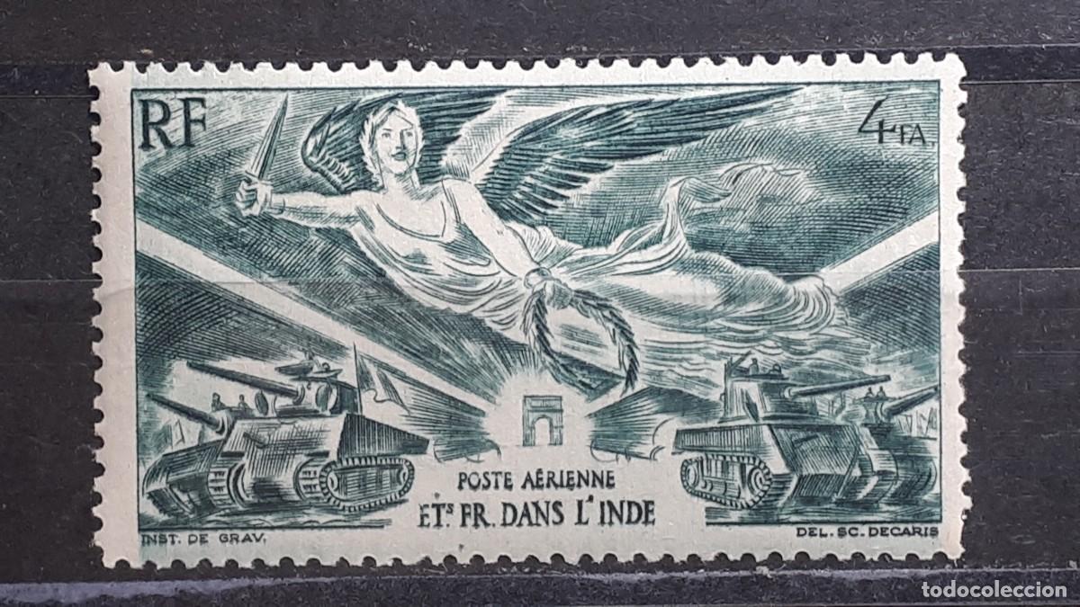 Sellos: INDIA FRANCESA . A&Ntilde;O 1946. **. YVERT A&eacute;reo 10