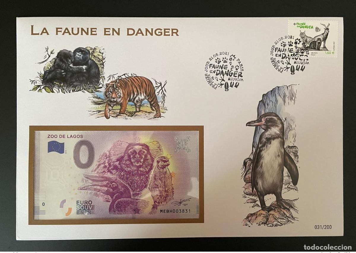 Sellos: Funda para billetes de recuerdo en euros Francia 2021 Europa CEPT Endangered Wildlife Paris