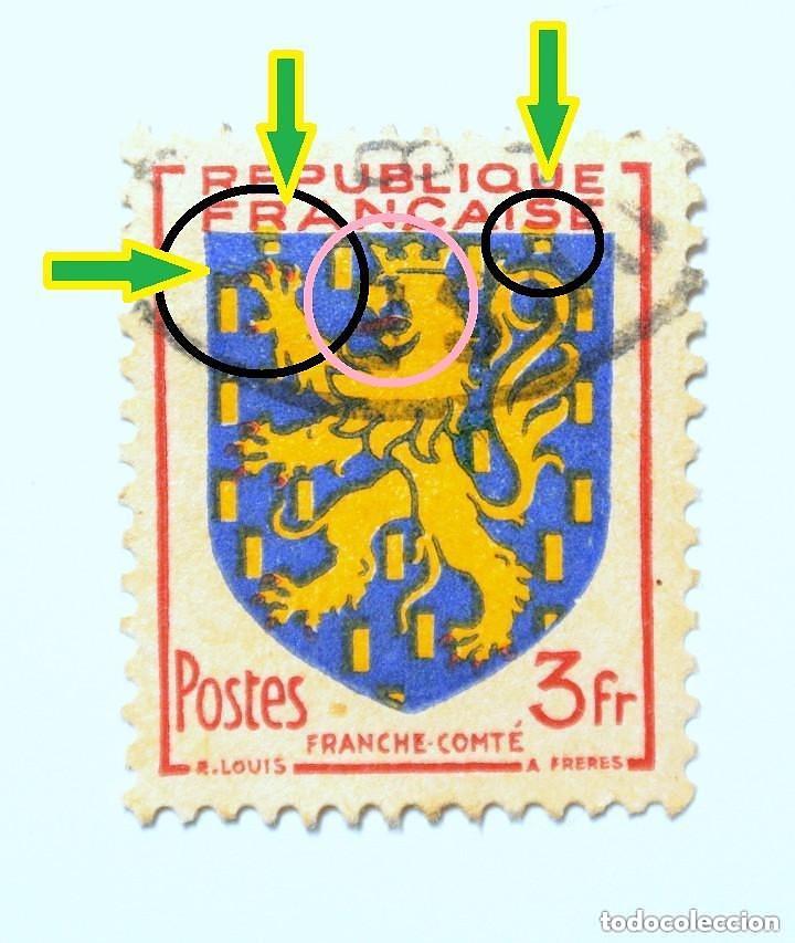 Stamps: Sello Postal FRANCIA 1951, 3 francos, Escudo de armas Provinciales Franche Comte, Error de impresi&oacute;n