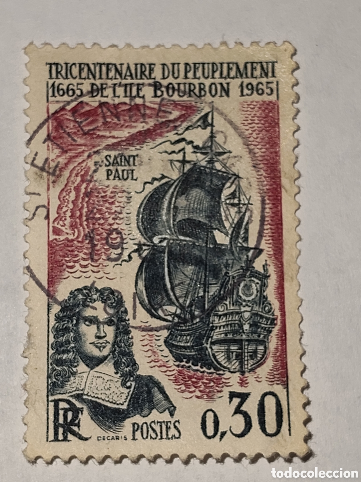 Sellos: Sello de Francia 300 Aniversario repoblaci&oacute;n de la isla Reuni&oacute;n 1965 usado