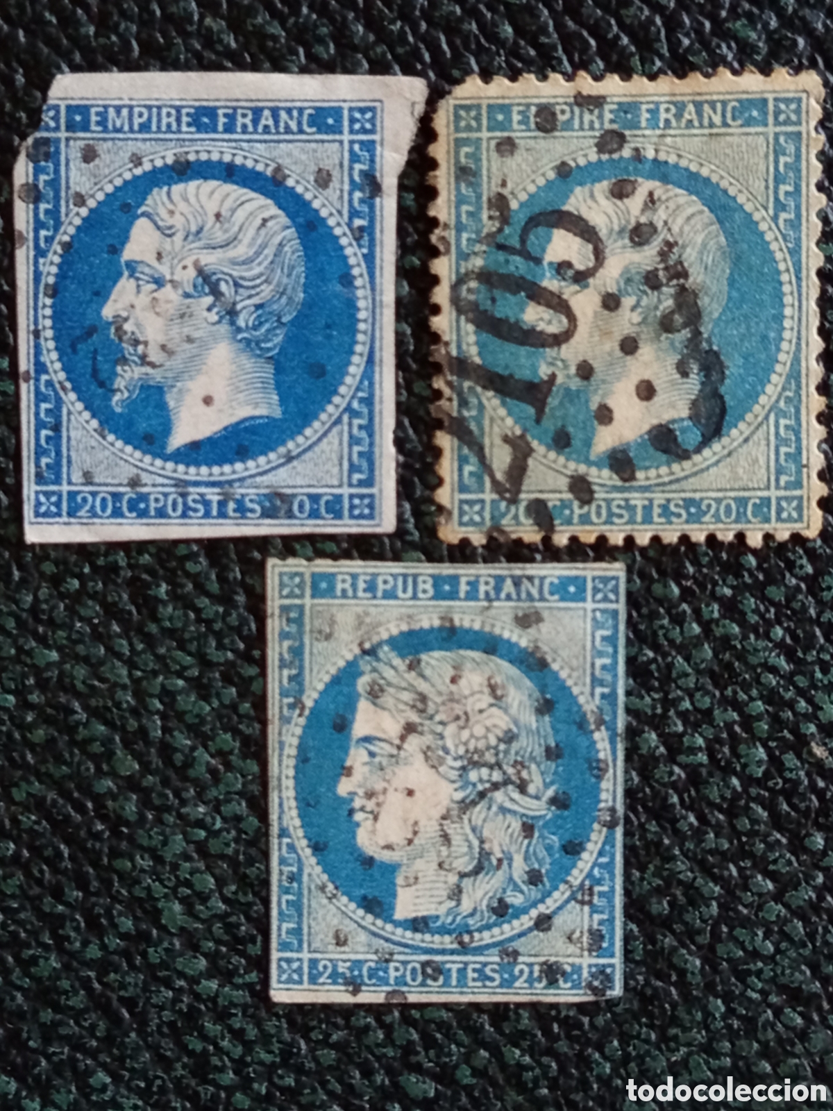 Sellos: 3 Sellos Francia Siglo XIX Napole&oacute;n III y C&eacute;r&egrave;s Usados - Cat&aacute;logo Yvert 14, 22 y 60