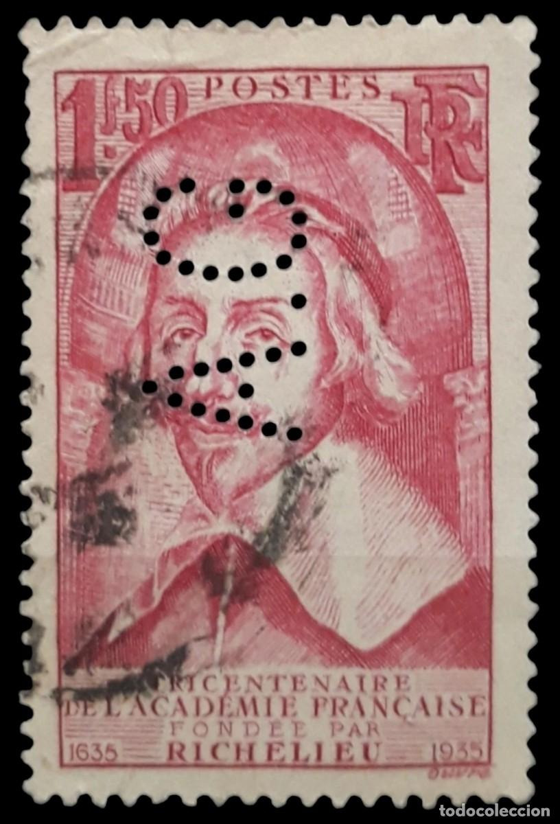 Sellos: FRANCIA 1935 Cardenal Richelieu. PERFORADO - PERFIN. USADO.