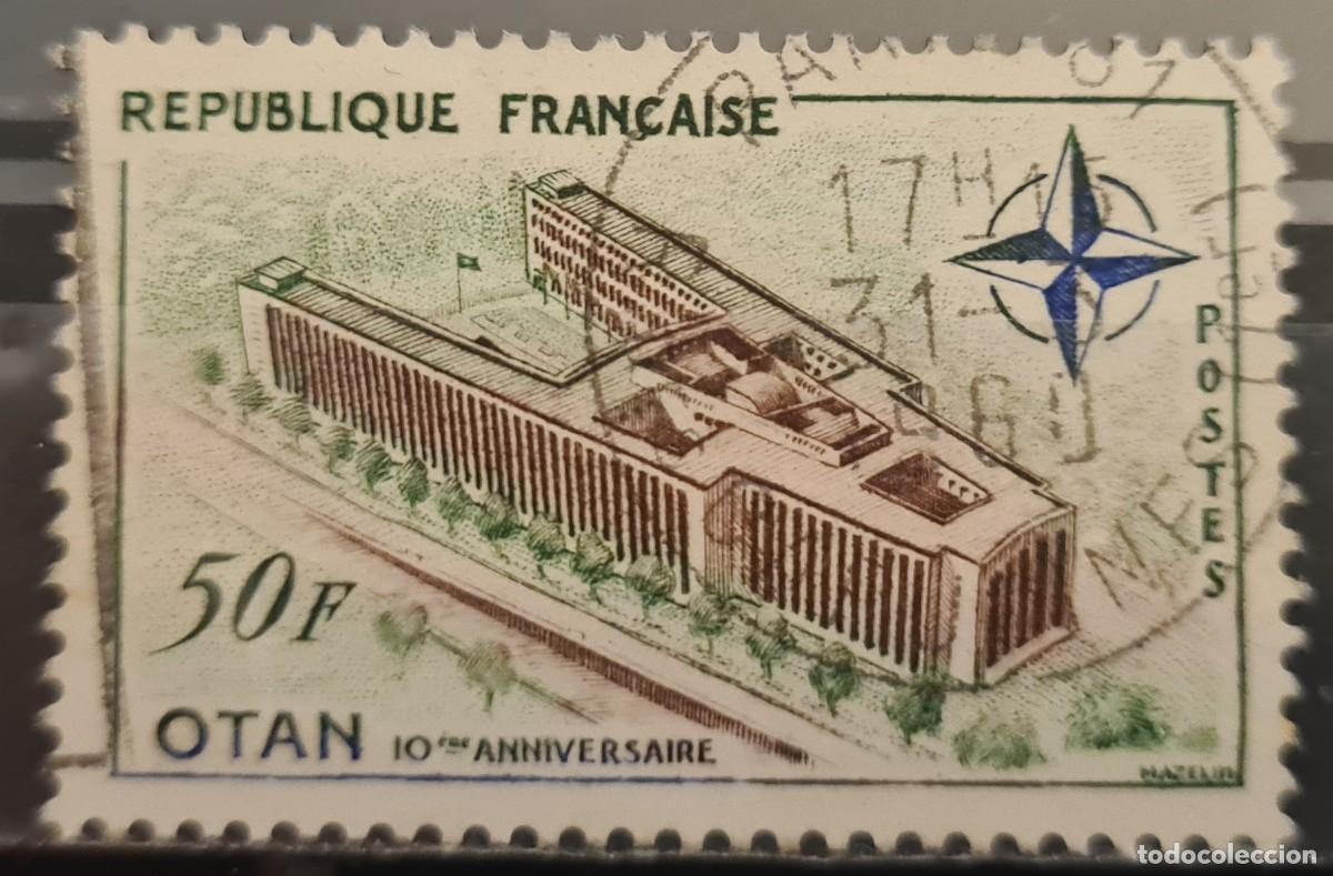 Sellos: Sello usado de Francia 1959: X aniversario de la OTAN e inauguraci&oacute;n deledificio en Par&iacute;s