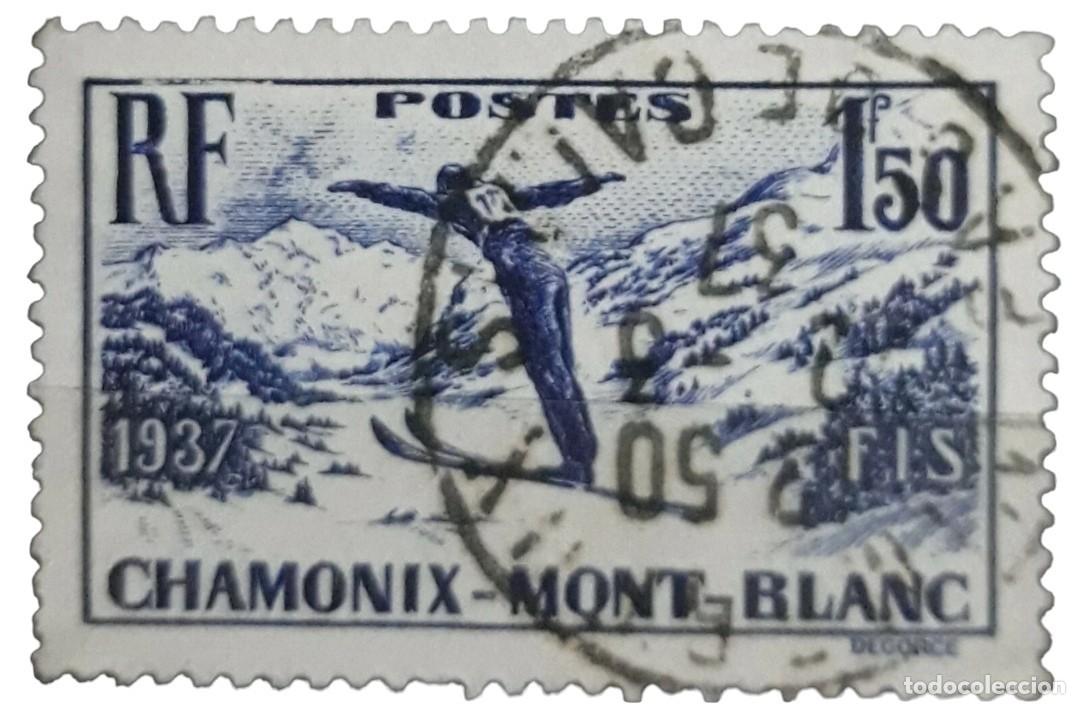 Sellos: FRANCIA 1937 Campeonato mundial de esqu&iacute;. Yvert: 334. USADO.