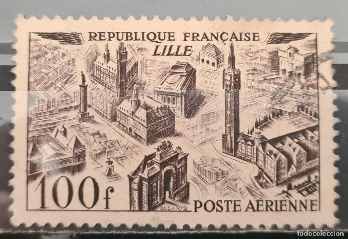 Sellos: Sello a&eacute;reo usado de Francia 1949: Vistas estilizadas de grandes ciudades
