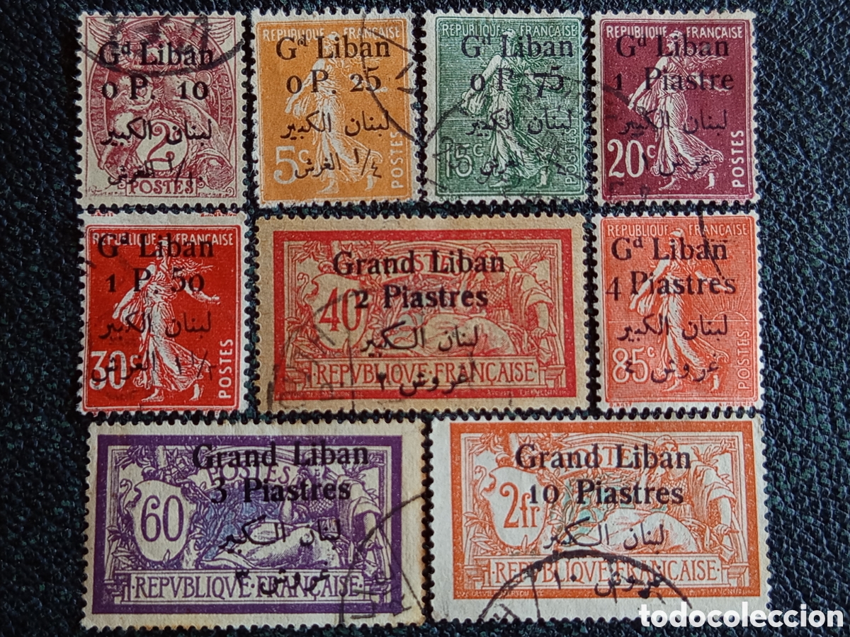 Sellos: Lote 9 Sellos Gran L&iacute;bano 1924 Francia Semeuse Merson Sobrecarga Michel 1/14