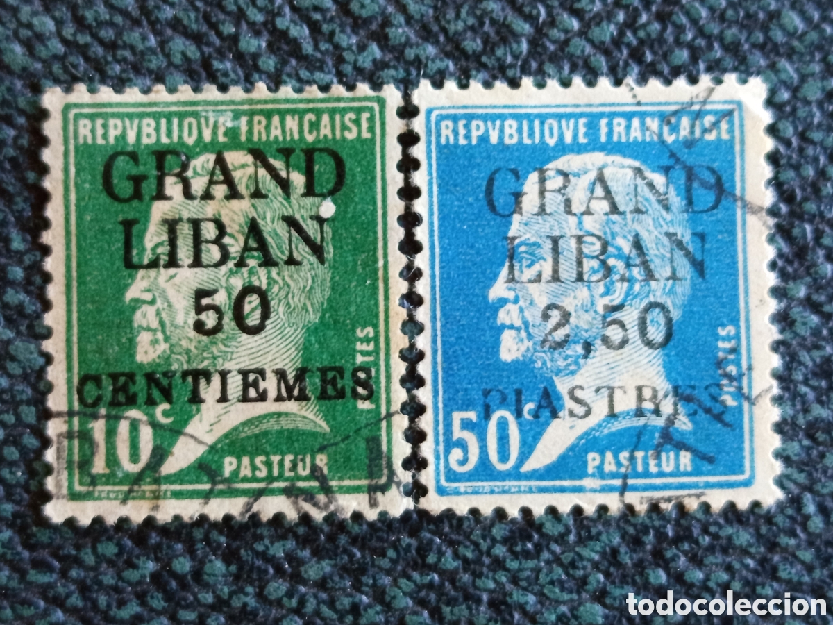 Sellos: Pareja Sellos Gran L&iacute;bano Pasteur 1924 Cat&aacute;logo Yvert #31 y #34 Usados