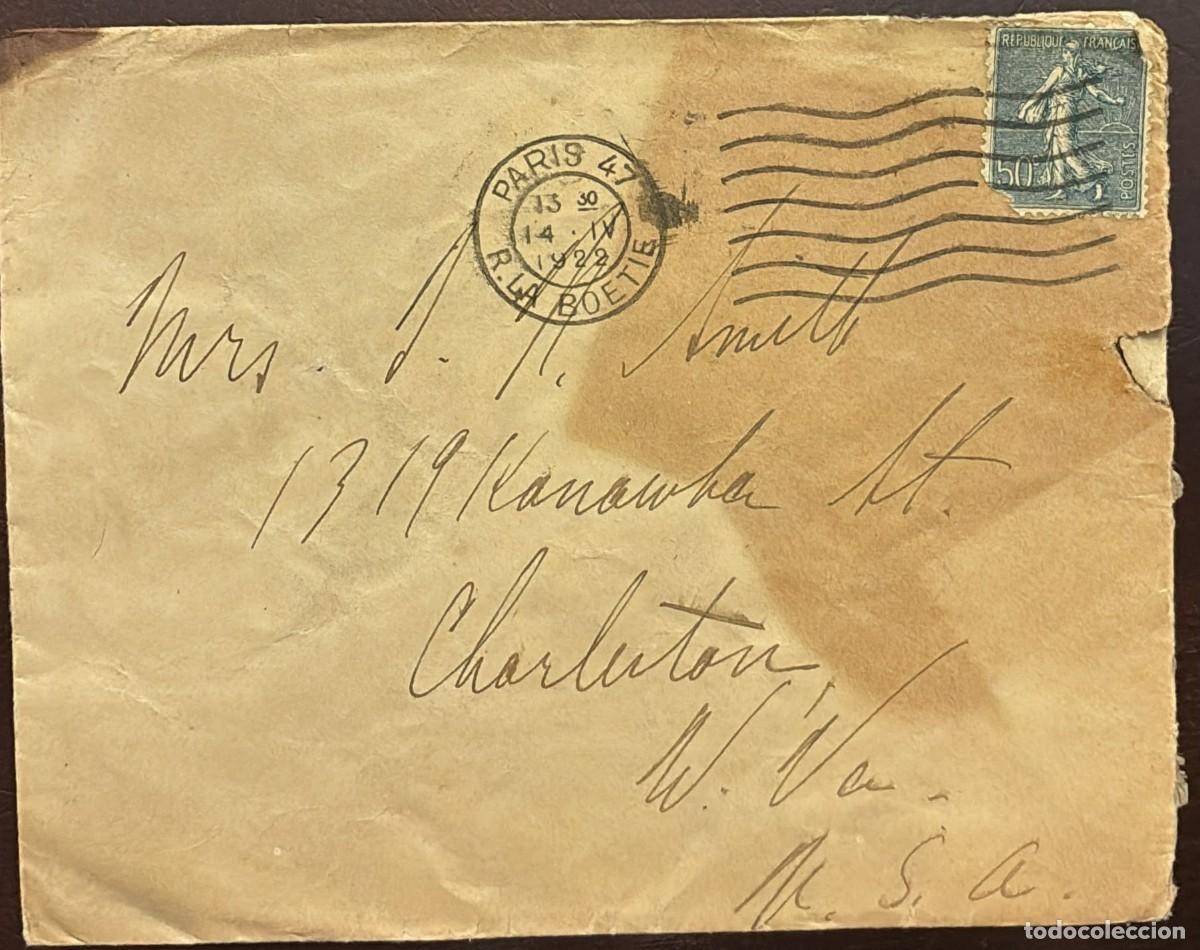 Sellos: TS) 1922 FRANCE, CANCELLATION STAMP, COVER SENT FROM PARIS TO VIRGINIA, USA,WITH SEEDER STAMP,VF.