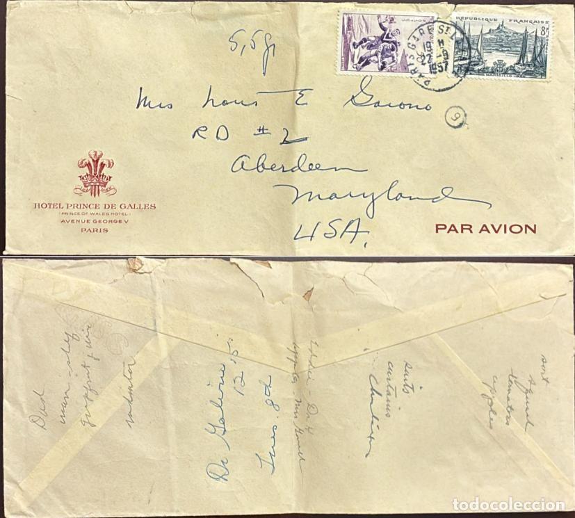 Sellos: TS) 1957 FRANCE, AIRMAIL, COVER SENT FROM PARIS TO MARYLAND,TOURISM AND SPORT,VF.