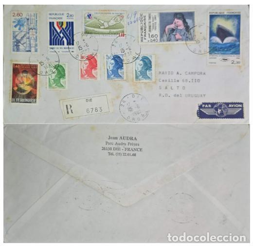 Sellos: MI) 1982 FRANCE, REGISTERED AIRMAIL COVER FROM DIE (DR&Ocirc;ME) TO SALTO, URUGUAY; REGISTRATION NUMBER 67