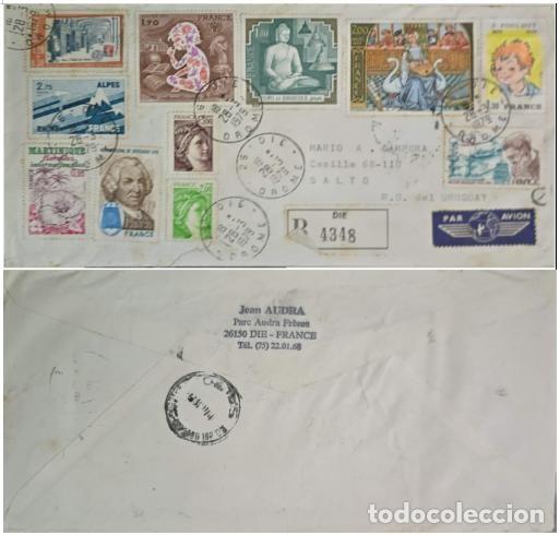 Sellos: MI) 1979 FRANCE, REGISTERED AIRMAIL SENT FROM DIE (DR&Ocirc;ME) TO SALTO (URUGUAY), FEATURING EXTENSIVE, M