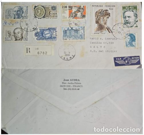 Sellos: MI) 1982 FRANCE, COMMERCIAL COVER, AIRMAIL AND REGISTERED, FROM DIE TO SALTO (URUGUAY), REGISTRATION