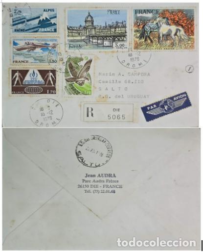 Sellos: MI) 1978 FRANCE, REGISTERED AIRMAIL SENT FROM DIE (DR&Ocirc;ME) TO SALTO, URUGUAY; REGISTRATION NUMBER 506