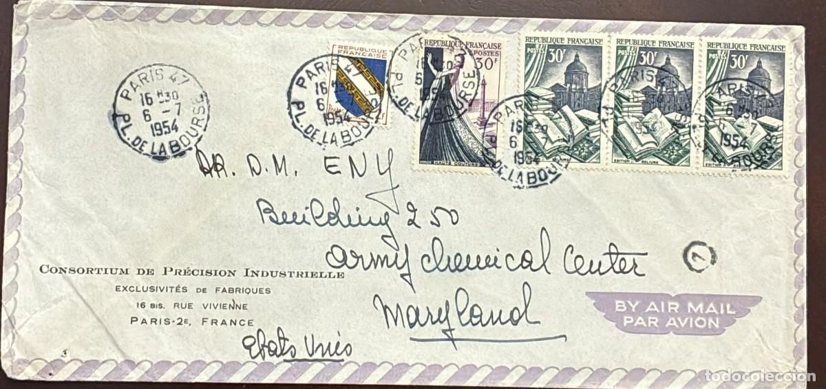 Sellos: TS) 1954 FRANCE, AIRMAIL, COVER SENT FROM PARIS TO MARYLAND,PROVINCIAL COATS OF ARMS HAUTE COUTURE L