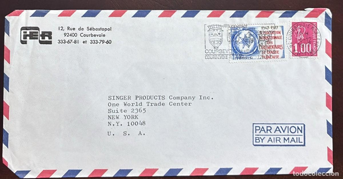 Sellos: TS) 1977 FRANCE, SLOGAN CANCELLATION, AIRMAIL, COVER SENT FROM COURBEVOIE TO NEW YORK,10TH ANNIVERSA