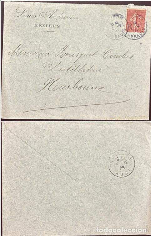 Sellos: TS) 1906 FRANCE, COVER SENT FROM BEZIERS TO NARBONNE,SEEDER SOLID BOTTOM WITH FLOOR,VF.