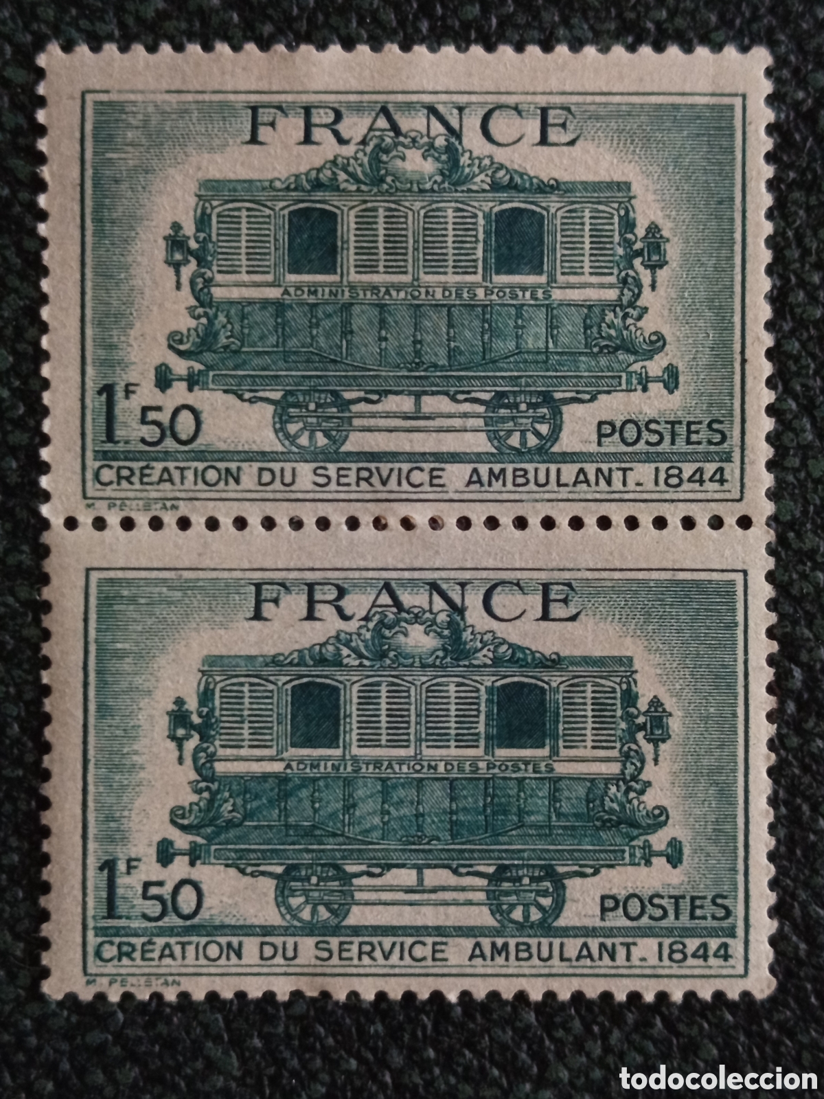 Sellos: Francia 1944 Servicio Ambulante Correo 1,50F (Pareja Vertical) - Yvert #645 MH