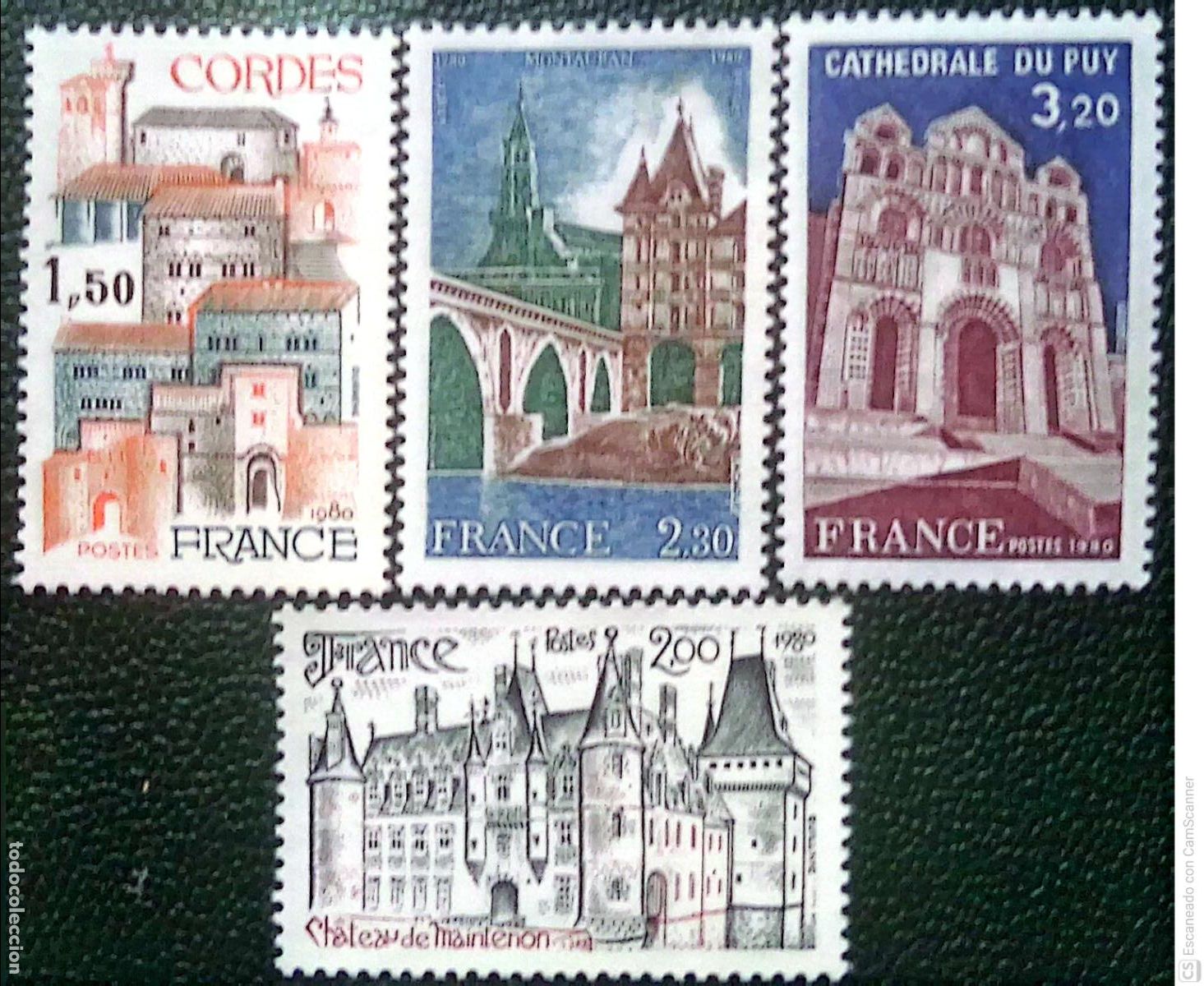 Sellos: Francia. 2081/84 Turismo: Cordes. Castillo de Maintenon, Montauban y Catedral del Puy. 1980. ﻿Sell