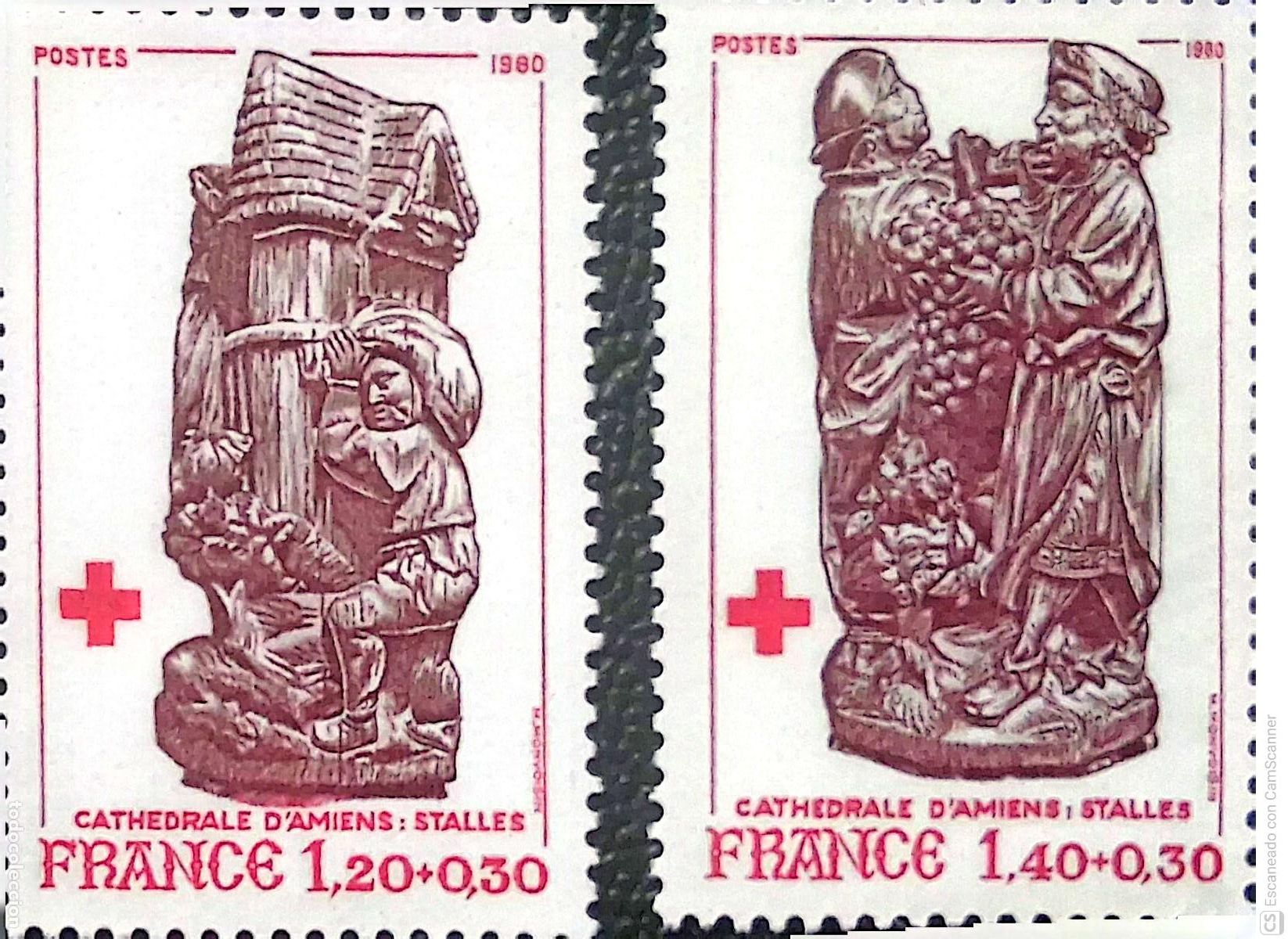 Sellos: Francia. 2116/17 Cruz Roja: Tallas de la catedral de Amiens. 1980. ﻿ Sellos nuevos y numeraci&oacute;n Yve