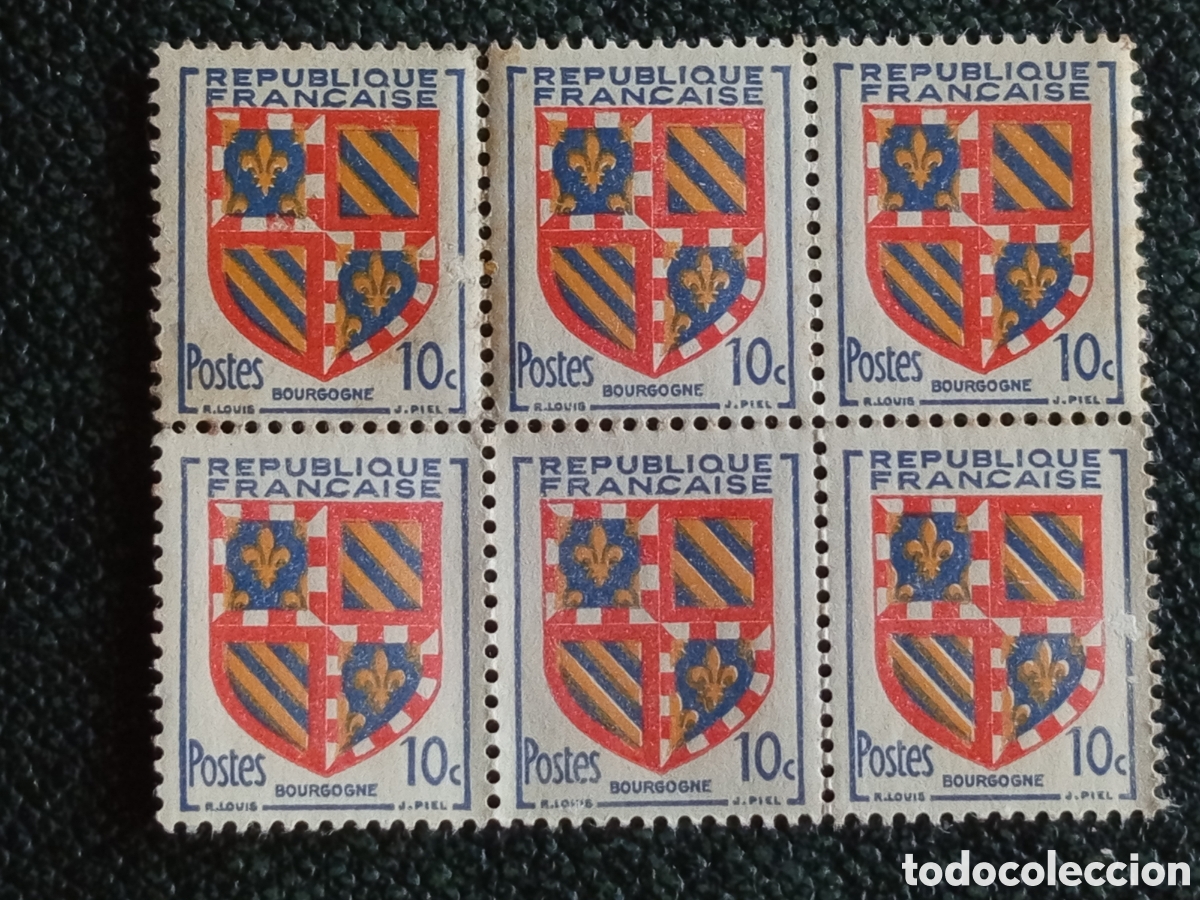 Sellos: Francia 1949 Bloque de Seis Sellos 10c Armoiries de Bourgogne Yvert 834 MNH