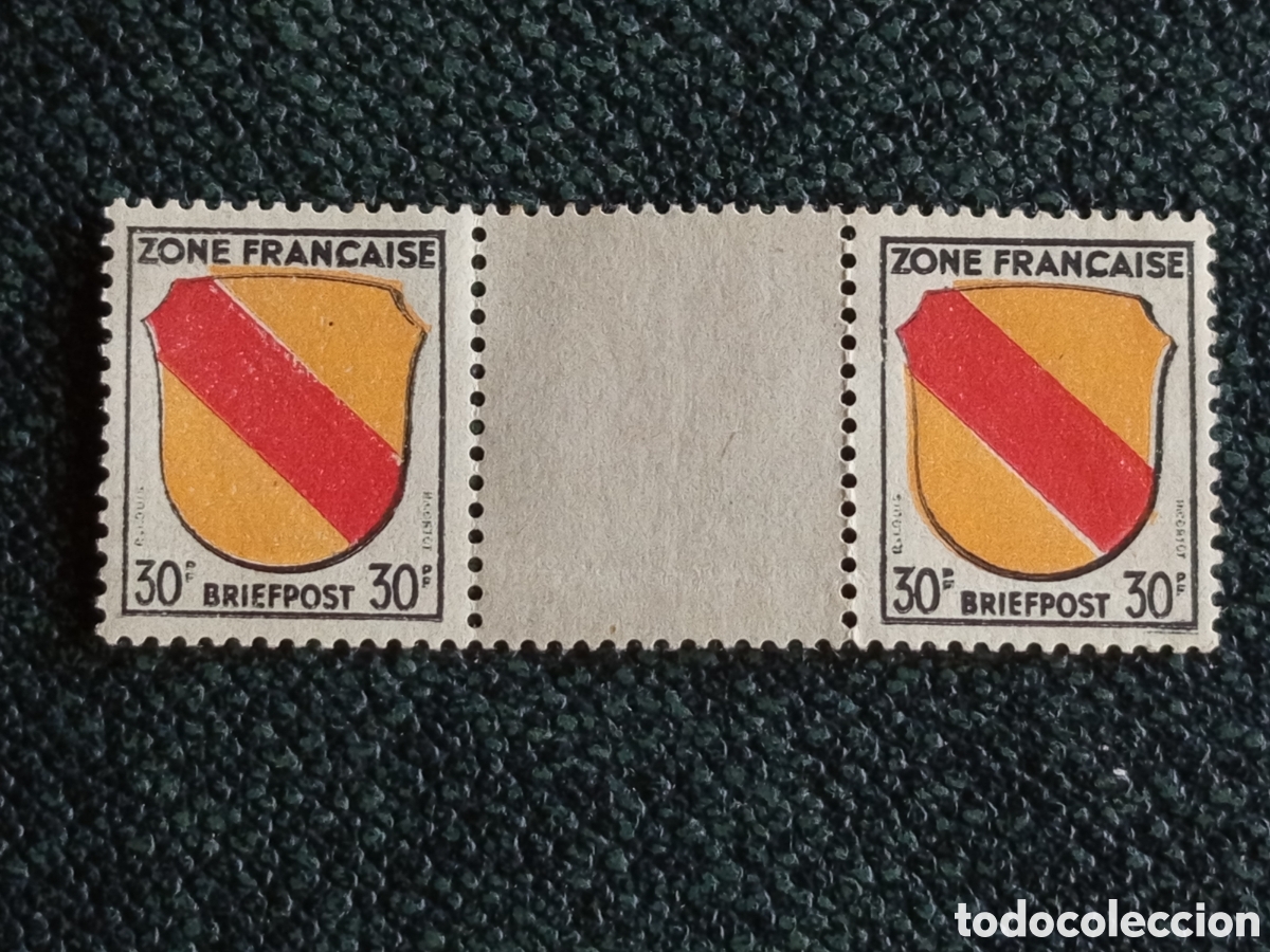 Sellos: Alemania Zona Francesa 1945 Pareja con Interpannel 30pf Escudo Baden MNH