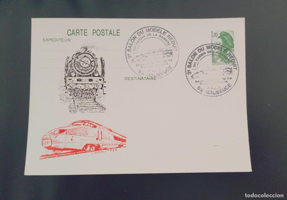 Sellos: Tarjeta postal tren TGV matasellos Sal&oacute;n Maquetas Maubeuge 1986