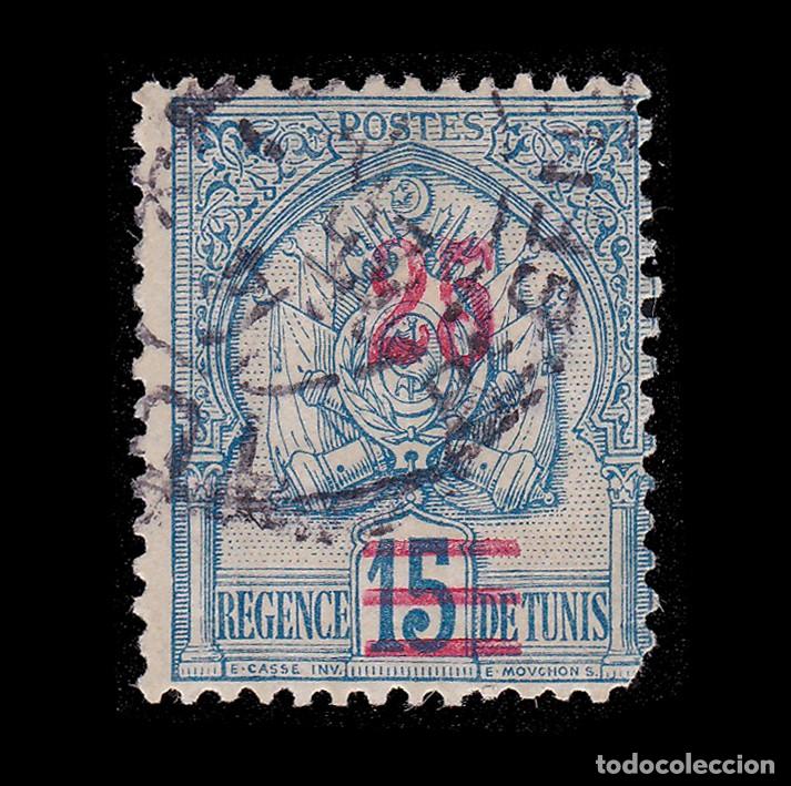 Sellos: TUNISIA FRENCH. 1902. 25c on 15c. Cancel. YVERT 28 + GIFT