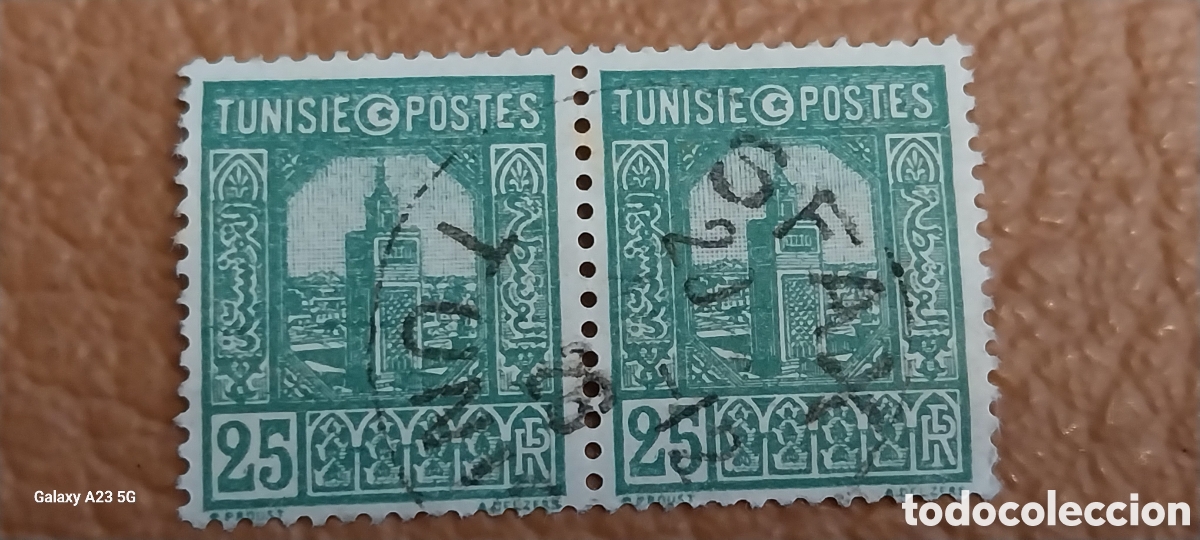 Sellos: Pareja Sellos T&uacute;nez 1926 Mezquita Kairouan 25c Verde Usados Cat Yvert 127