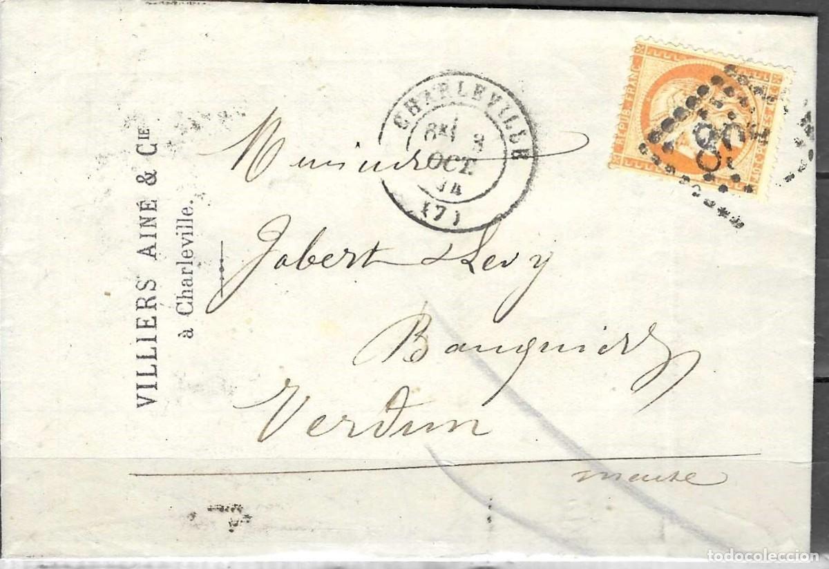 Francobolli: 1874 Francia - Carta Cl&aacute;sica de Charleville a Verdun &ndash; Sello C&eacute;r&egrave;s 40c Naranja &ndash; Matasellos Rombo de