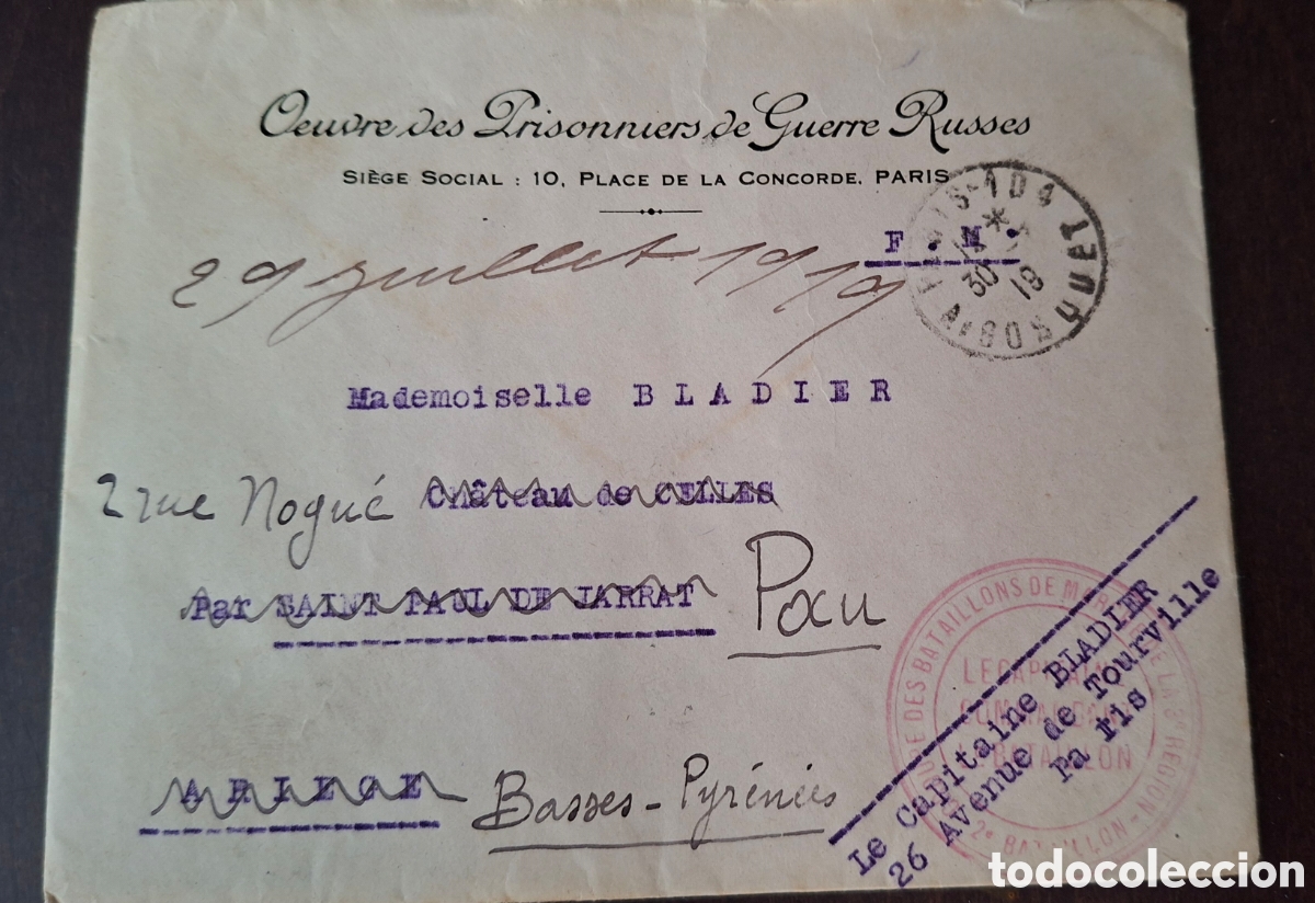 Sellos: Carta francia 1ra Guerra mundial Oeuvre de prisioneros de guerra rusos 1919