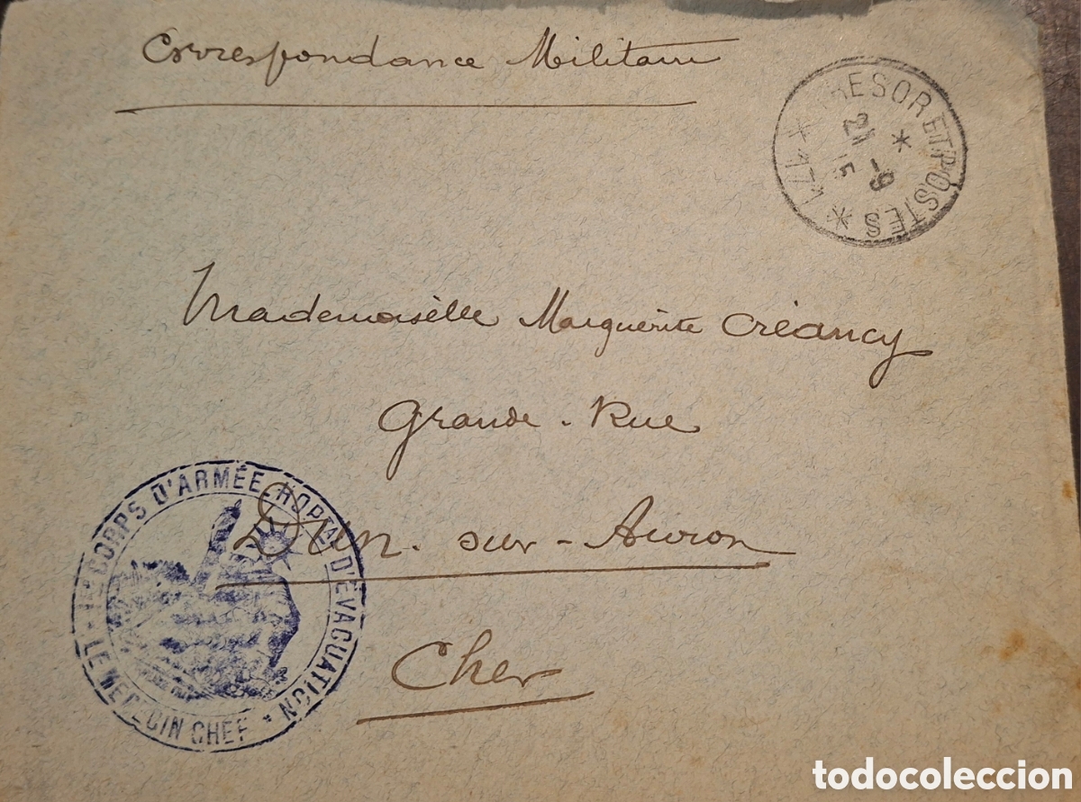 Stamps: Francia carta 1ra guerra mundial Franquicia cuerpo de Ej&eacute;rcito Hospital de evacuacion 1915