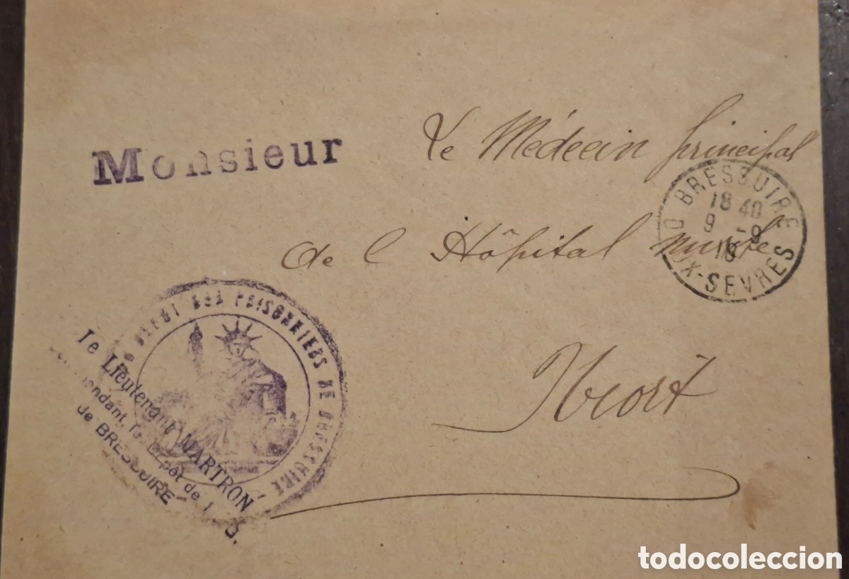 Briefmarken: Francia 1ra guerra mundial Carta Franquicia campo Prisioneros de Bressuire 1918