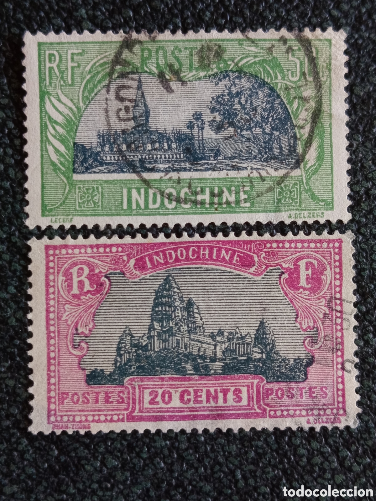 Selos: Indochina Francesa 1927/31 - Pares de Sellos Vientiane 50^c y Angkor Wat 20^c Yvert 143 y 153
