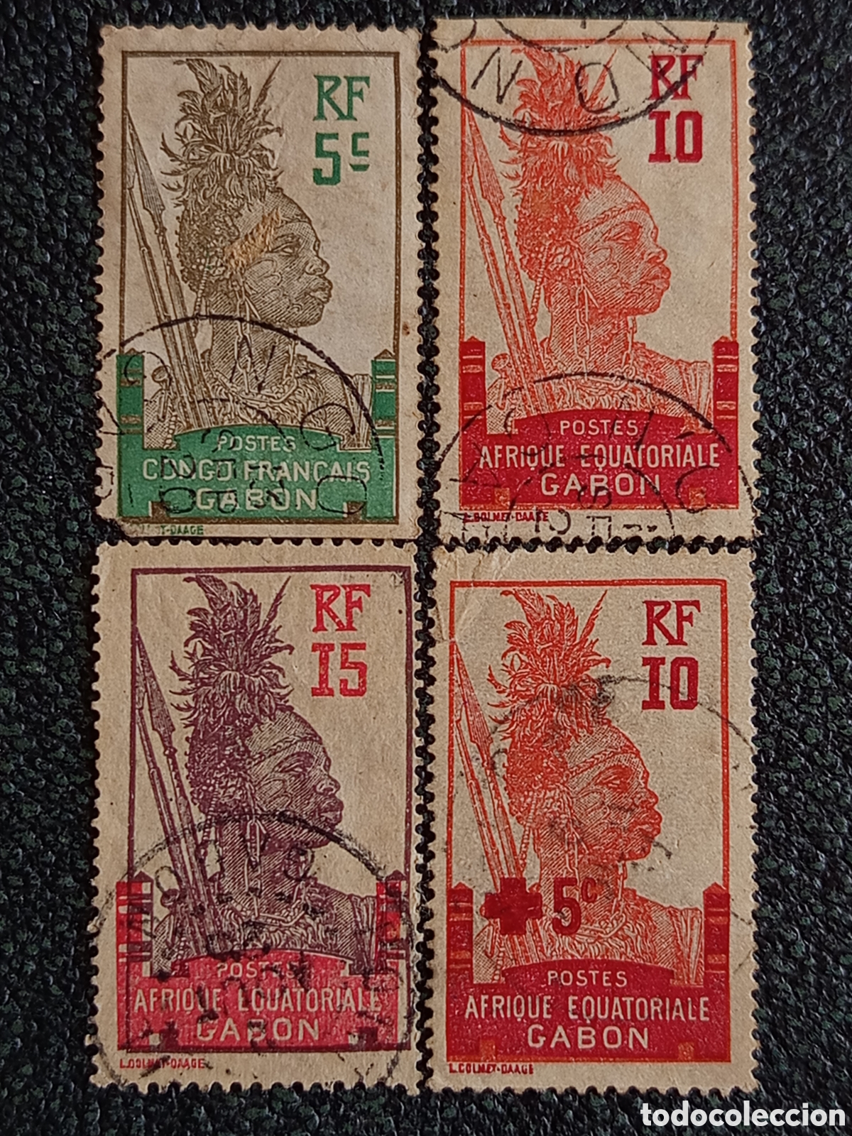 Selos: Gab&oacute;n / &Aacute;frica Ecuatorial Francesa 1910-1916 - Lote 4 Sellos &rdquo;Guerrero Fang&rdquo; Yvert 33, 49, 50 y B1 U