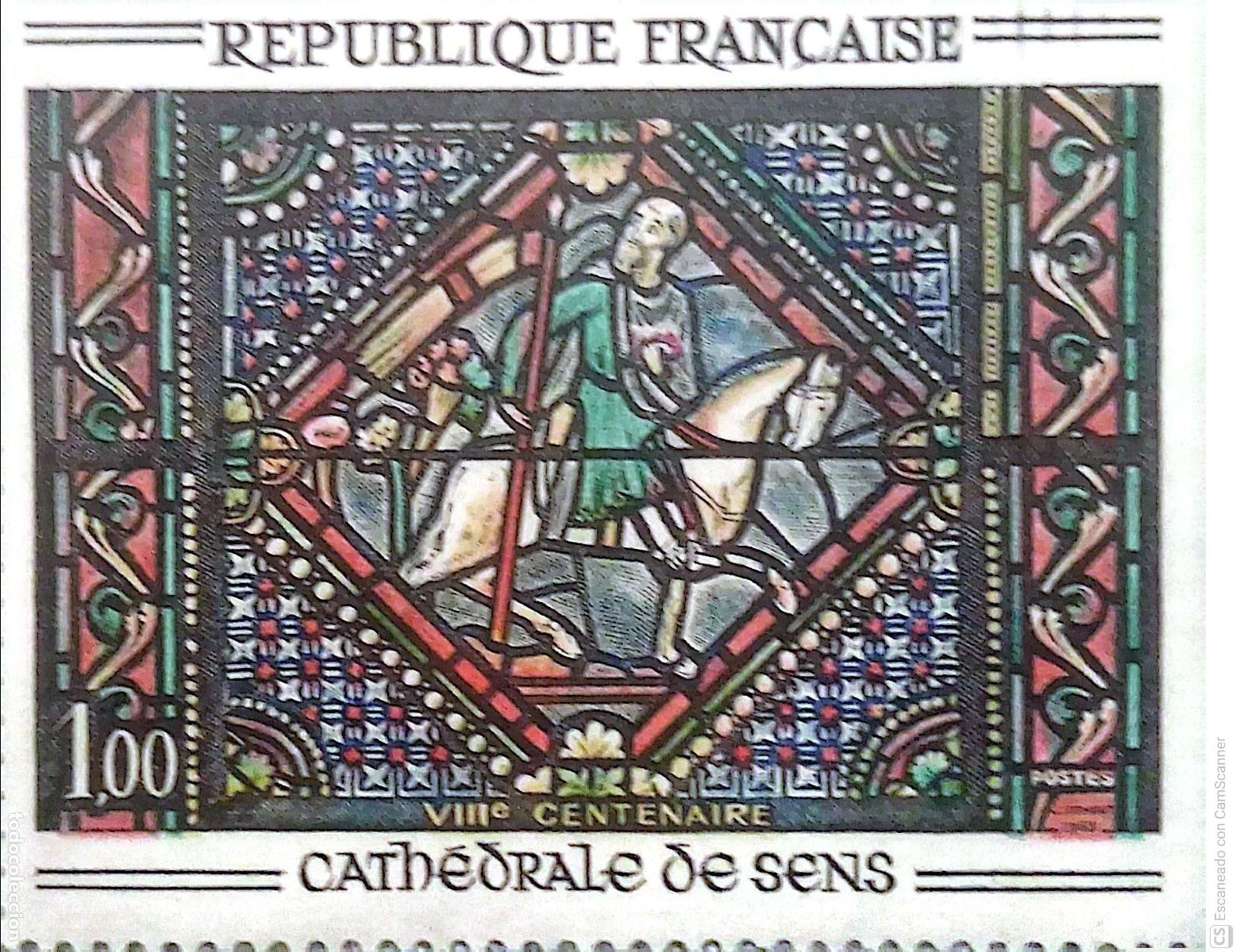 Briefmarken: Francia. 1427 Obra de Arte: Vidriera de la Catedral de Sens: San Pablo en el camino de Damasco. 1964