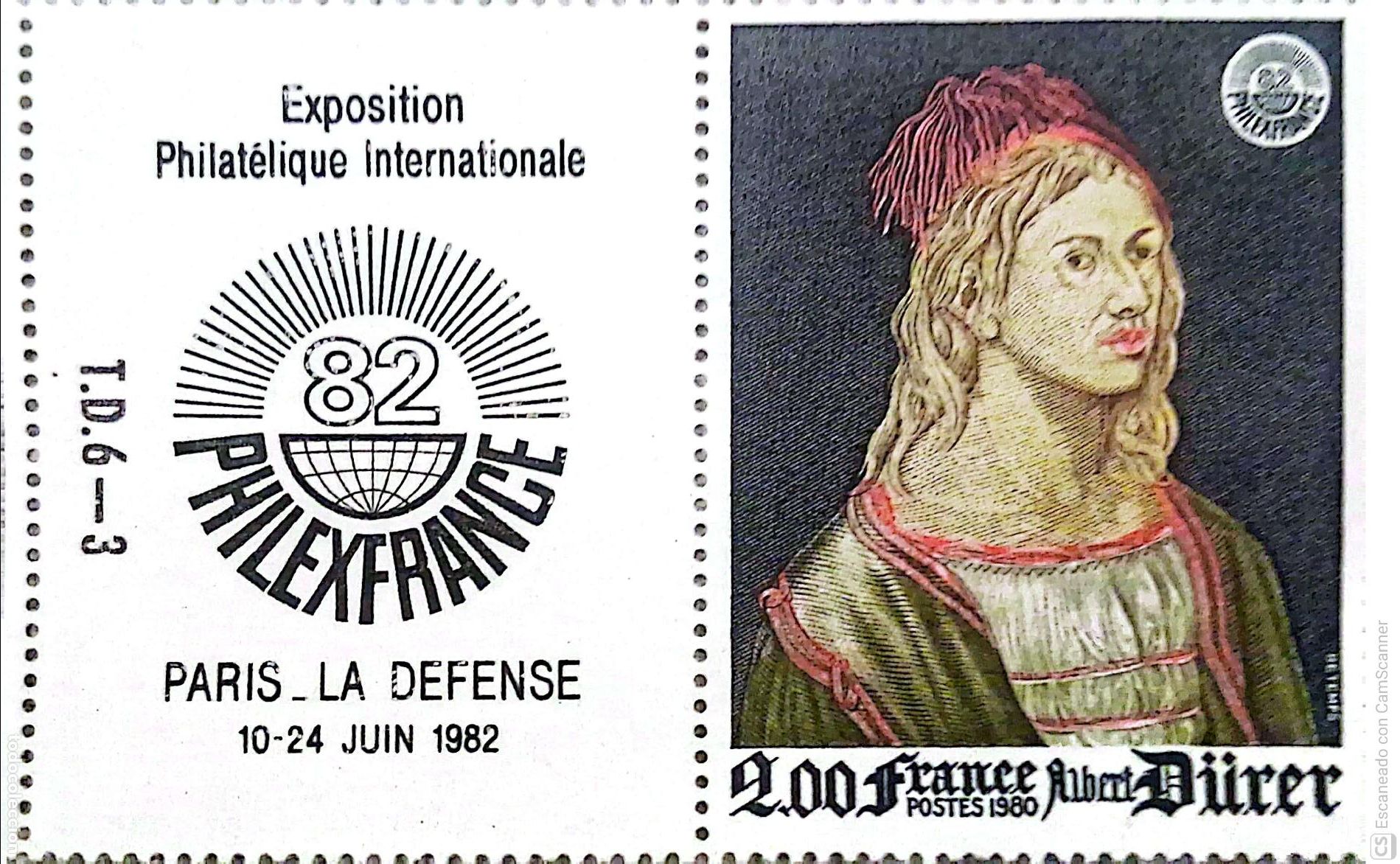 Sellos: Francia. 2090 Philexfrance'82. Autoretrato de Albert D&uuml;rer + Vi&ntilde;eta. 1980. ﻿Sellos nuevos y numera