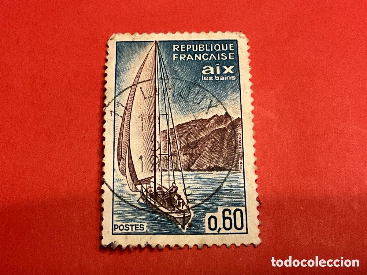 Sellos: FRANCIA 1965 - YVERT 1451 - AIX-LES-BAINS (VELA / LAGO DEL BOURGET) USADO/MATASELLADO