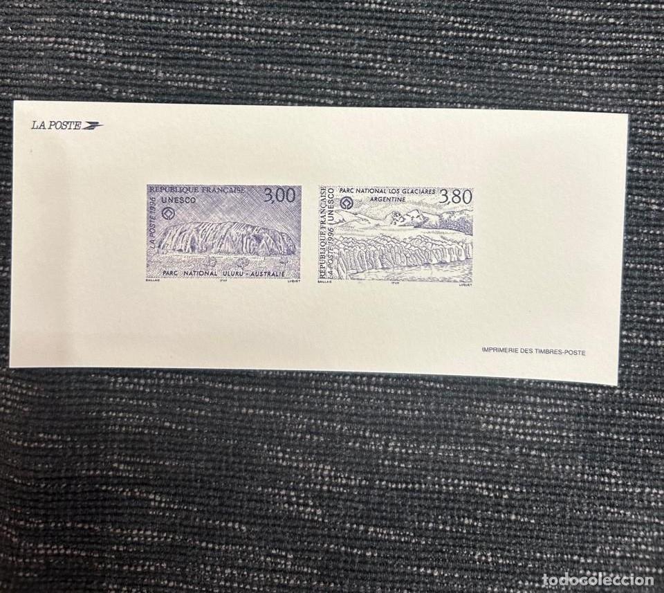 Sellos: O) 1996 FRANCE, PROOF, UNESCO, ULURU NATIONAL PARK, AUSTRALIA, LOS GLACIARES NATIONAL PARK ARGENTINA