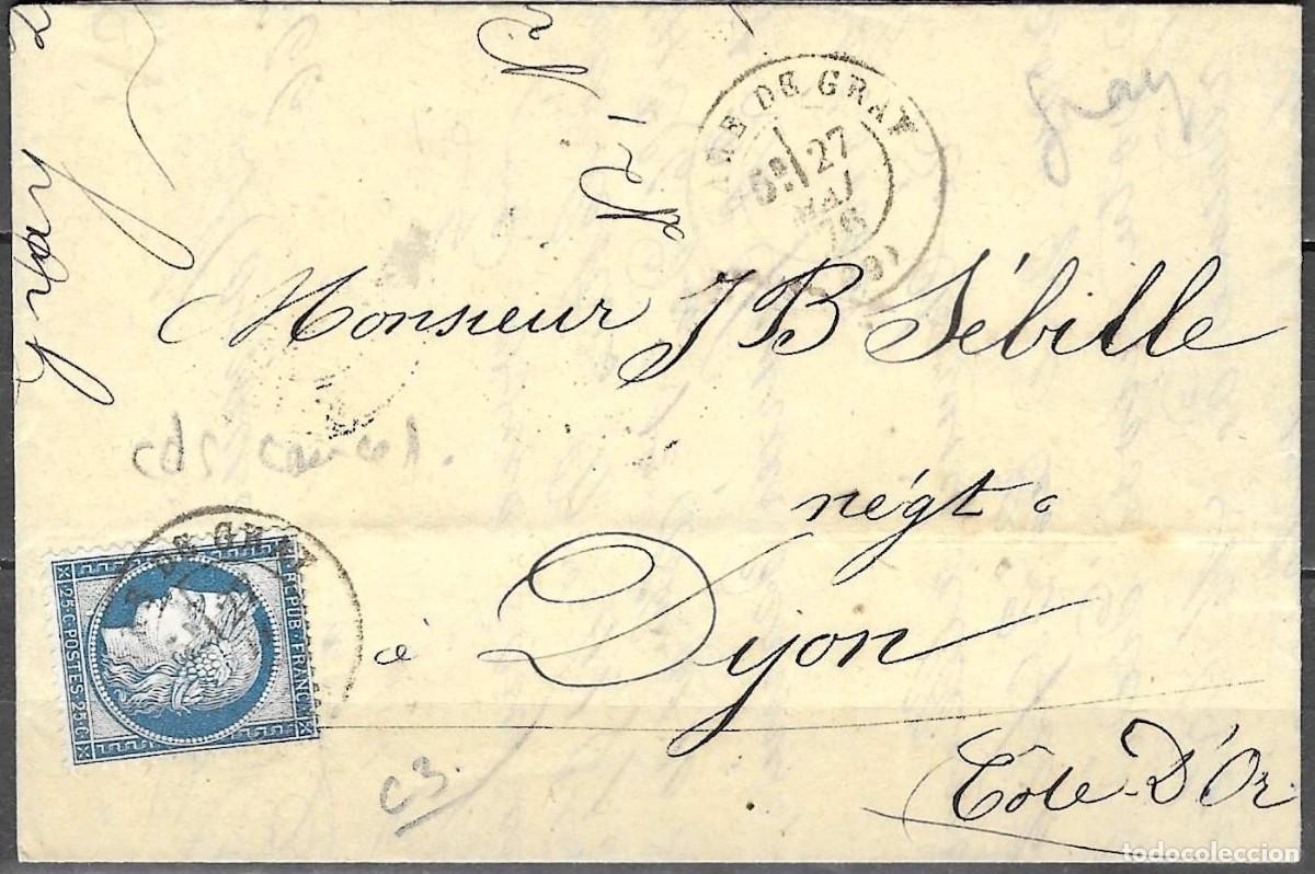Sellos: Carta circulada de Francia, sello C&eacute;r&egrave;s de 25c azul YT 60A