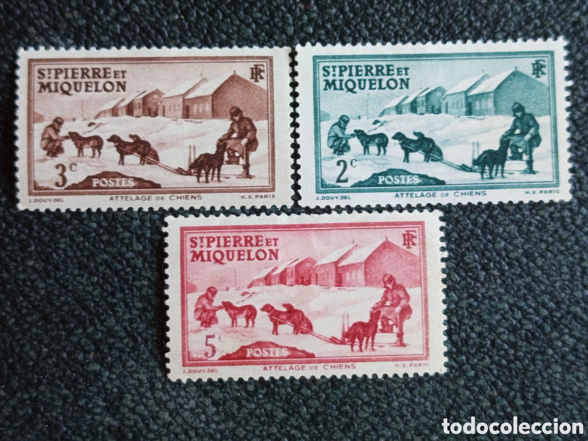 Sellos: Lote 3 Sellos St. Pierre et Miquelon 1938 Trineo - Yvert #167, #168, #170 MH