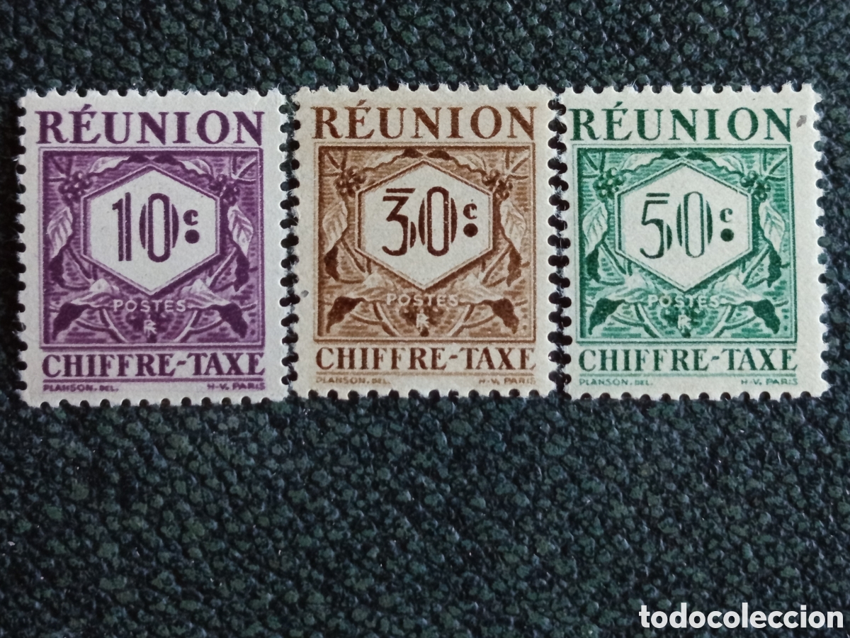 Sellos: Lote 3 Sellos Tasa Reuni&oacute;n 1947 Cifras - Yvert #T26, #T27, #T28 MH