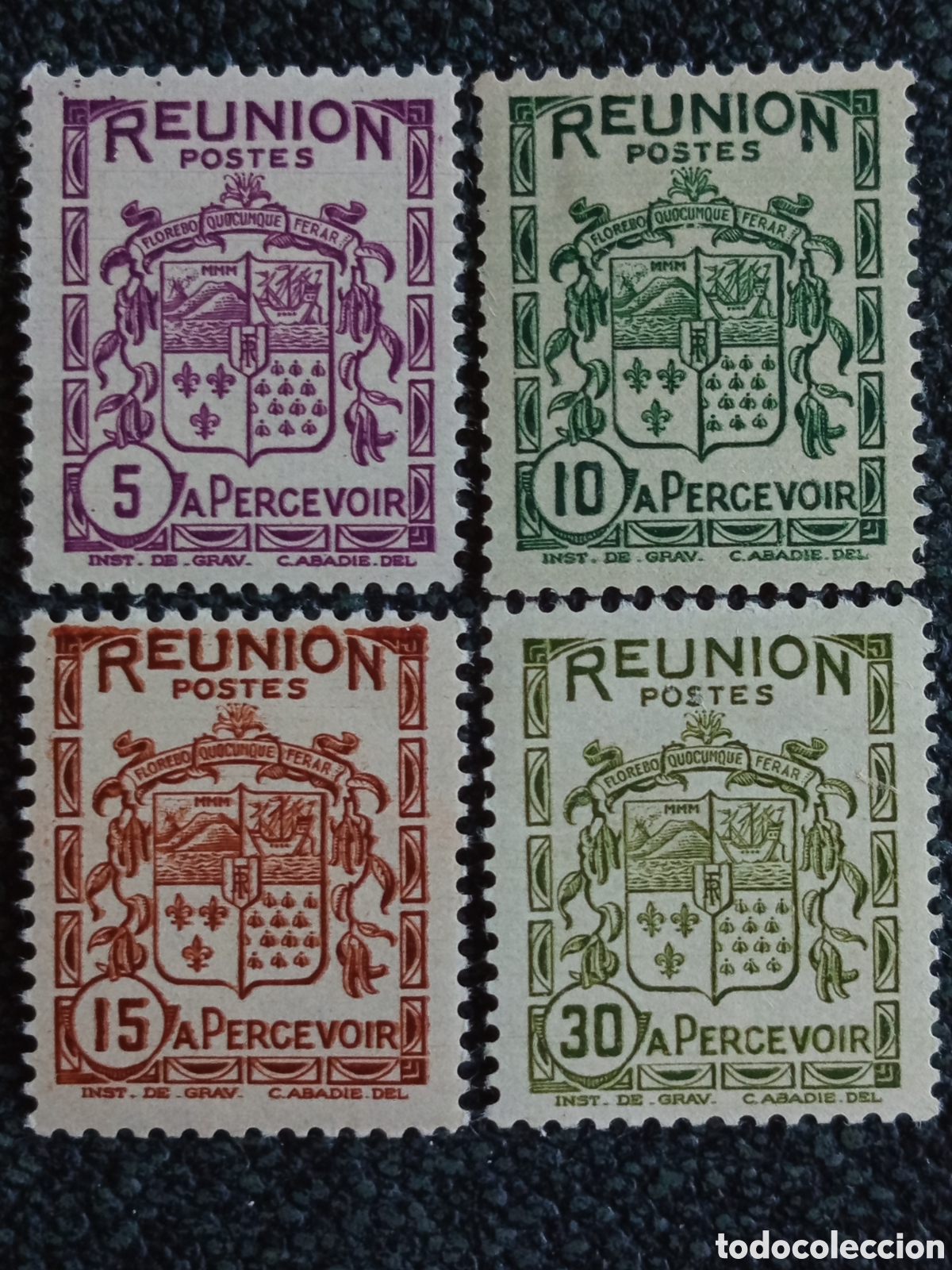 Sellos: Lote 4 Sellos Tasa Reuni&oacute;n 1933 Escudo MNH - MH Yvert #T15, #T16, #T17, #T19