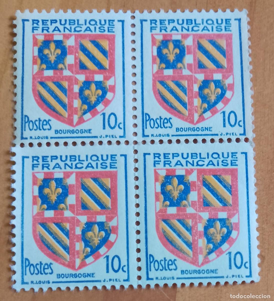 Sellos: FRANCIA - TIRA CON 4 SELLOS - ESCUDO, BOURGOGNE, A&Ntilde;O 1949 - VER DESCRIPCI&Oacute;N
