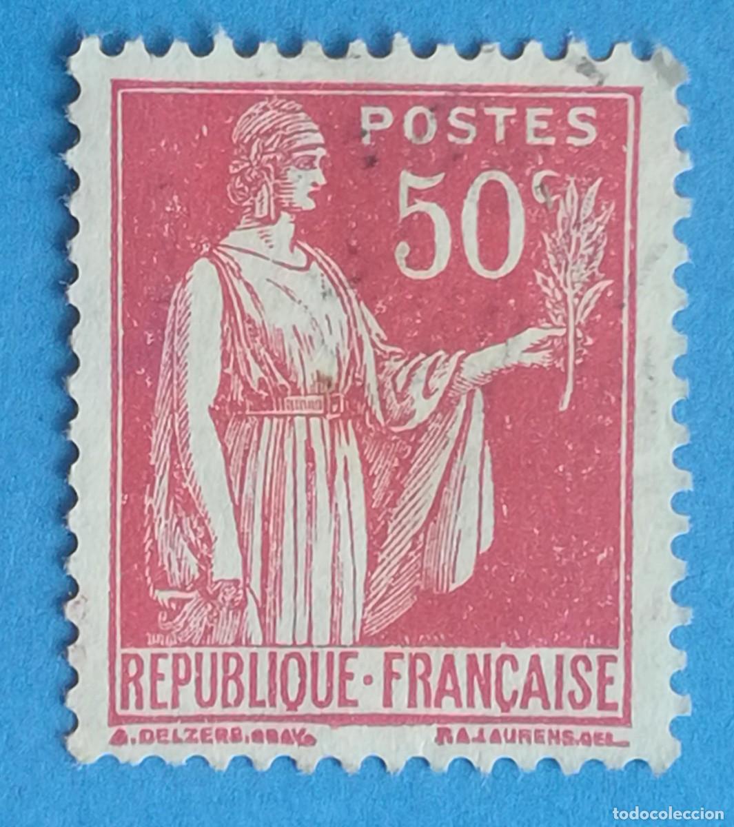 Sellos: Rep&uacute;blica francesa. Figura femenina de la paz. 0,50 c&eacute;ntimos. Color rosa rojizo.