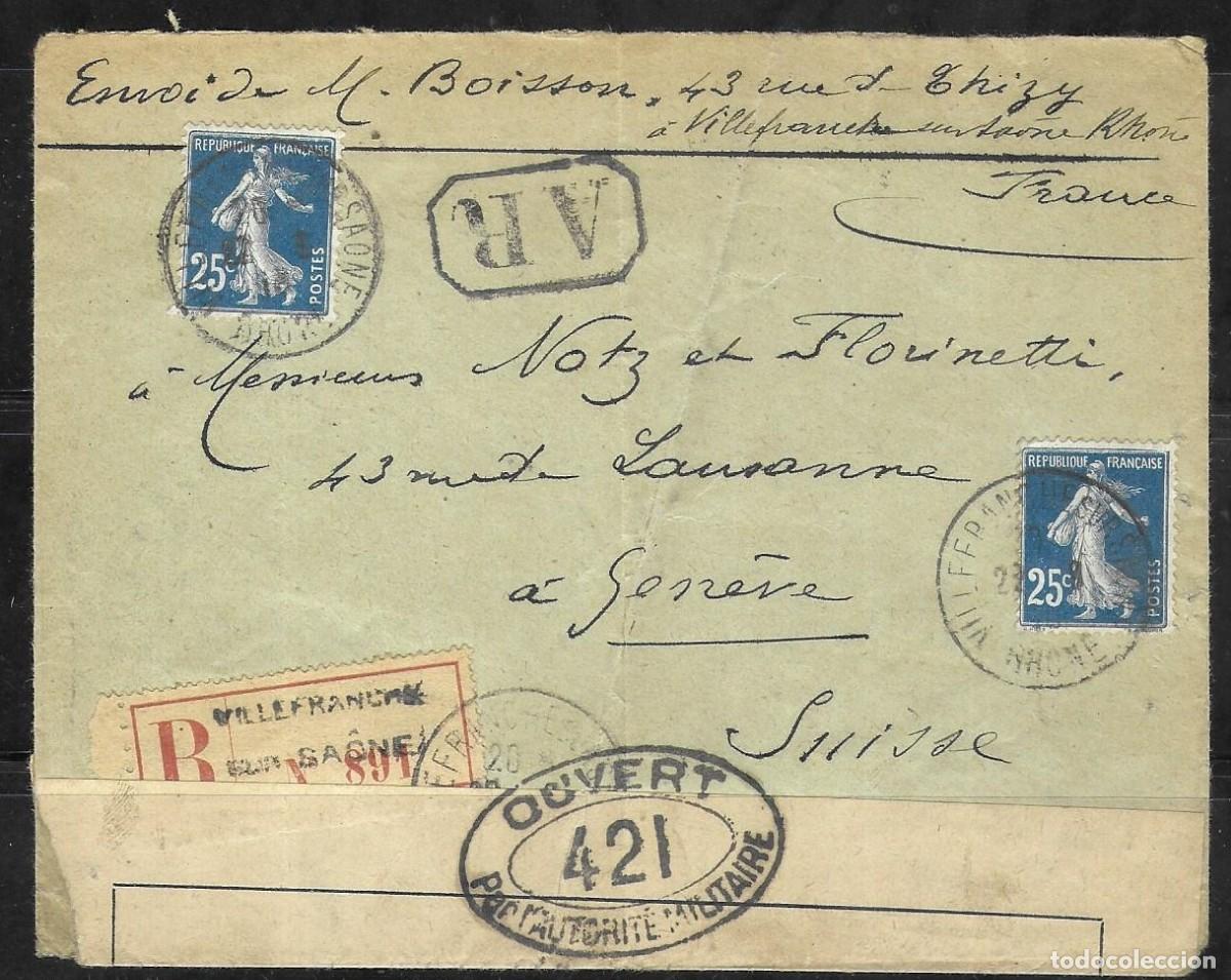 Sellos: Sobre certificado de Francia para Suiza (1916) - Censura postal militar francesa (Gran Guerra)