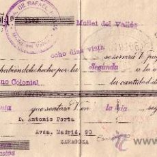 Sellos: ESPAÑA. MOLLET DEL VALLÉS (BARCELONA).1942. LETRA DE CAMBIO REINTEGRADA CON SELLO FISCAL. MAGNÍFICA.. Lote 26060027