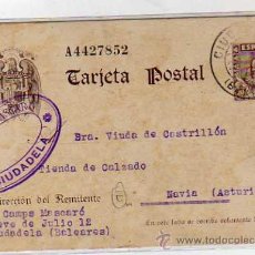 Sellos: ENTERO POSTAL. 1941 CERVANTES. D. CAMPS MASCAR. CIUDADELA MENORCA. BALEARES.