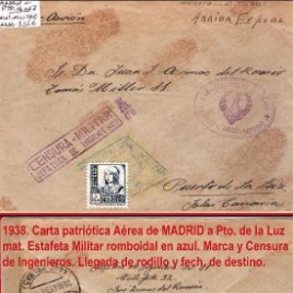 1938.-CARTA CON 1 SELLO DE ISABEL, AVION DE MADRID A PTO. DE LA LUZ. MARCAS JEFATURA DE INGENIEROS