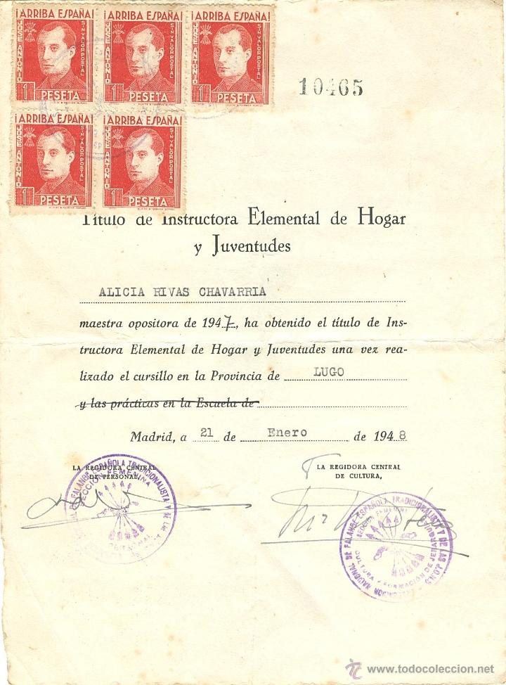 Sellos: T&iacute;tulo Instructora Elemental de Hogar y juventudes......A&ntilde;o 1948 - Foto 1